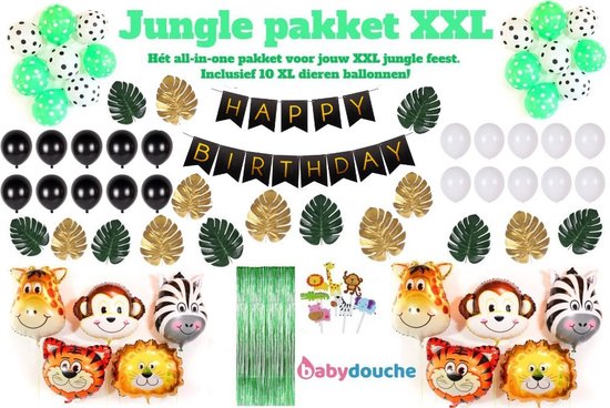 Pack de fête XXL jungle avec ballons, guirlandes, feuilles tropicales et ballons en aluminium en forme d'animaux.