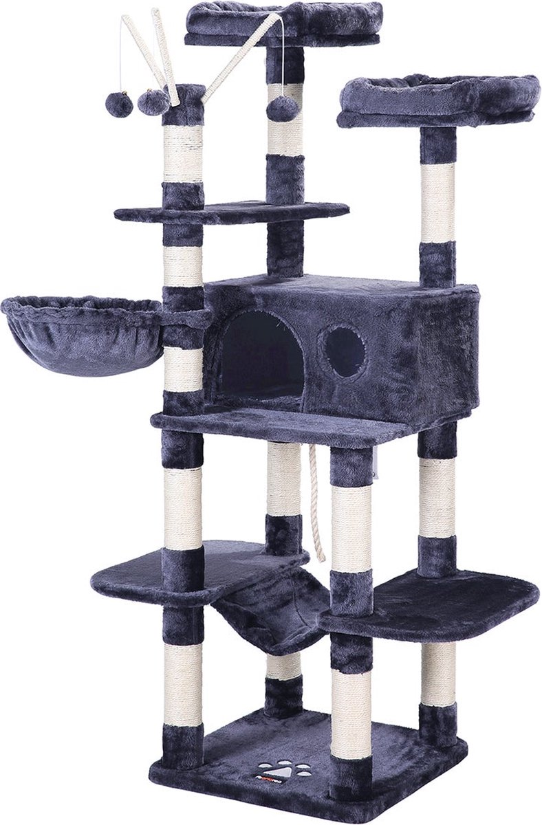 krabpaal - XXL krabpaal - Kattenslaapplek - Met 2 platformen - Hangmat - Grot - 164 cm - Rookgrijs