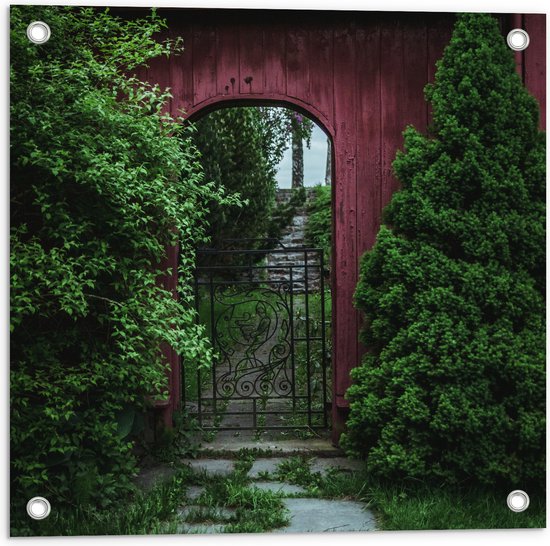 Tuinposter – Rode Poort Doorgang - 50x50 cm Foto op Tuinposter (wanddecoratie voor buiten en binnen)