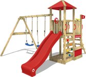 WICKEY speeltoestel klimtoestel Smart Savana met schommel & rode glijbaan, outdoor kinderspeeltoestel met zandbak, ladder & speelaccessoires voor in de tuin