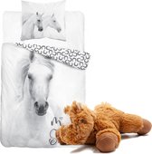 Dekbedovertrek wit Paard- 1 persoons- katoen- dubbelzijdig- "Smile" - dekbed Horse, incl. Pluche Paardje licht-bruin 20cm.