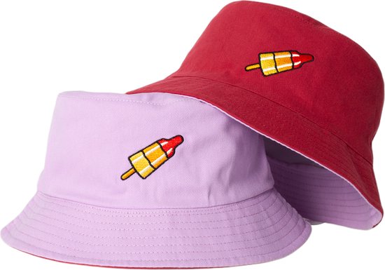 Reversible bucket hat - mybuckethat - raketje - paars/rood - vissershoedje - katoen - geborduurd