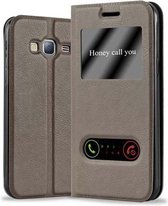 Cadorabo Hoesje voor Samsung Galaxy J3 2016 in STEEN BRUIN - Beschermhoes met magnetische sluiting, standfunctie en 2 kijkvensters Book Case Cover Etui