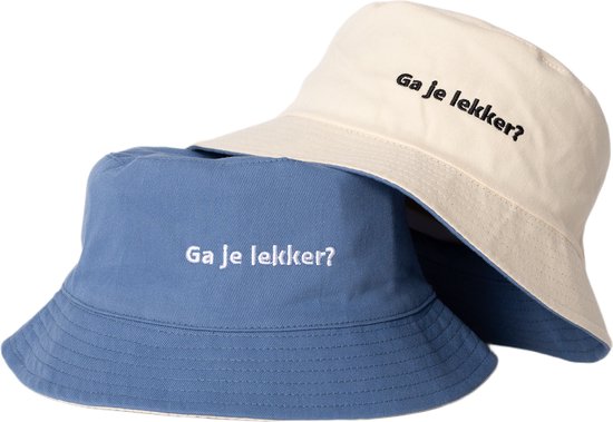 Reversible bucket hat - mybuckethat - ga je lekker - blauw/wit - vissershoedje - katoen - geborduurd