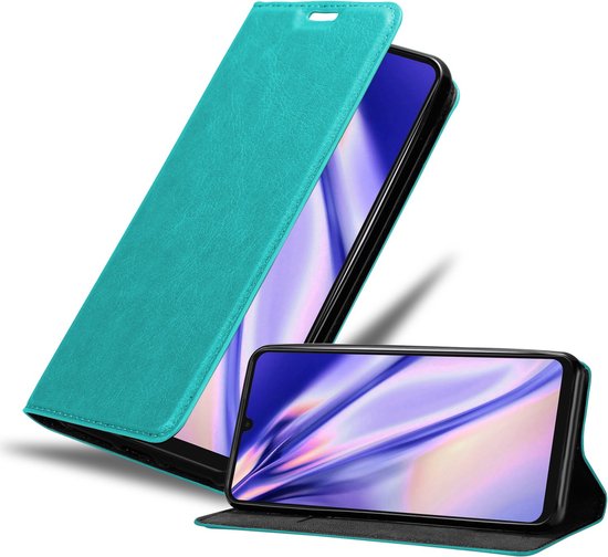 Étui de téléphone turquoise ouvert avec le téléphone à l'intérieur, montrant la fonction de support.