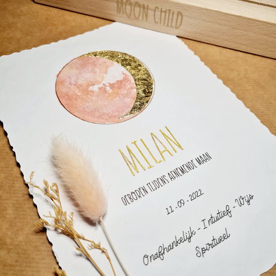 Baby geboorte poster maan - Moonchild baby geboorte kaart handgeschilderd - geboorte geschenk - maanstand aquarel - MammaZenn van MammaZenn — afbeelding 4