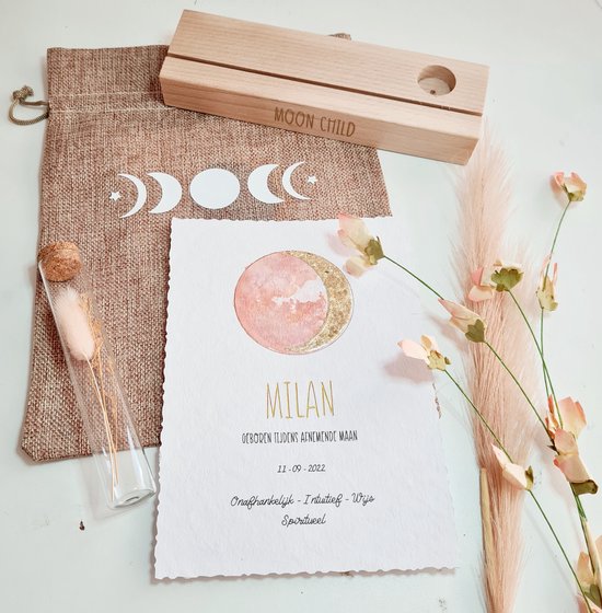Baby geboorte poster maan - Moonchild baby geboorte kaart handgeschilderd - geboorte geschenk - maanstand aquarel - MammaZenn van MammaZenn — afbeelding 3