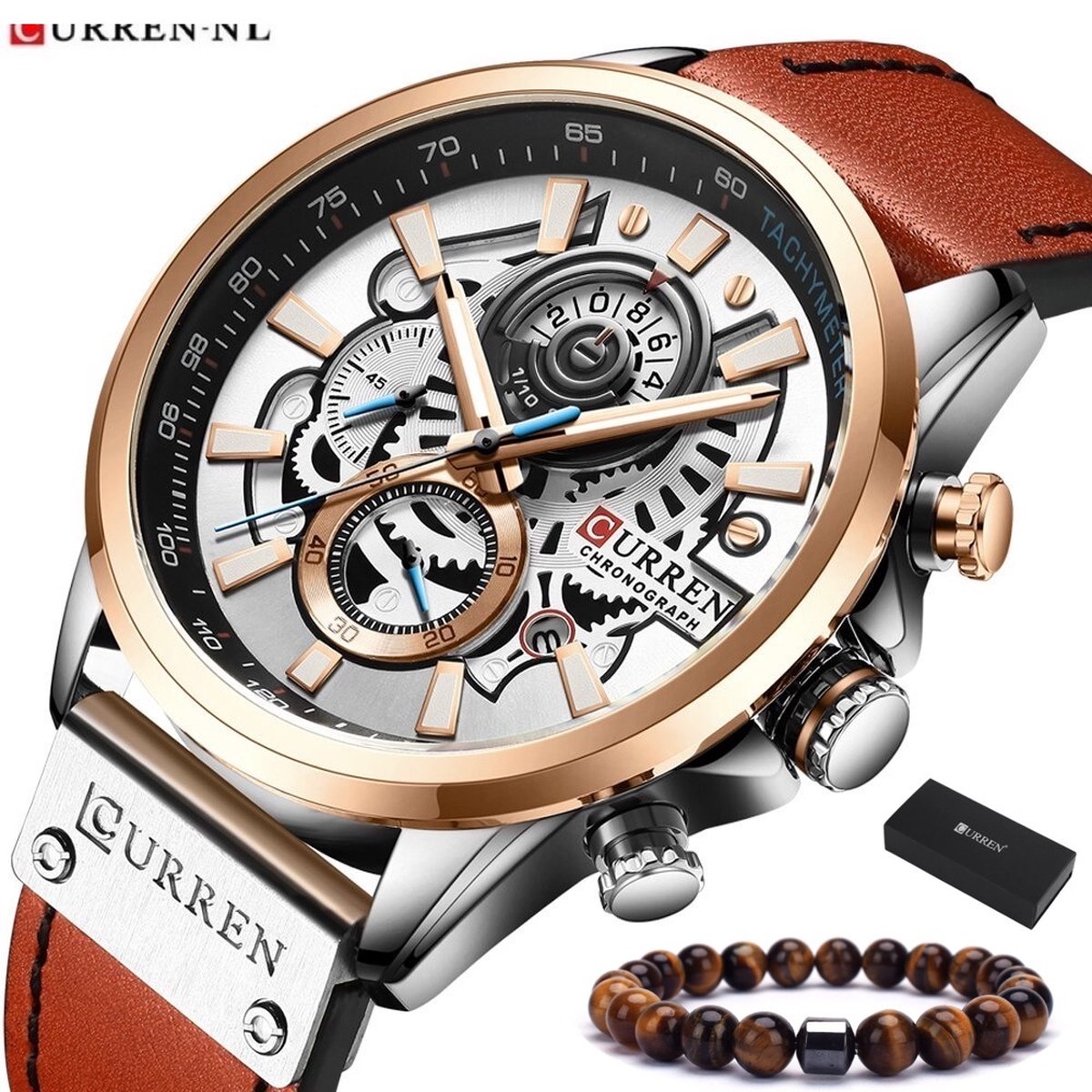 Curren - Horloge Heren - Cadeau voor Man - Horloges voor Mannen - 48 mm - Oranje Zilver