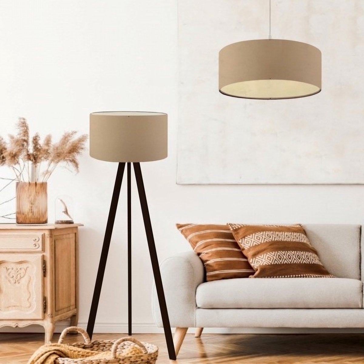 Hanglamp en staande lamp Scunthorpe wit zwart en beige