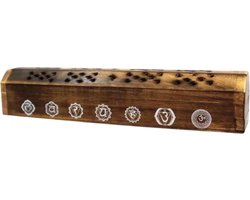 Vardaan 7 Chakra houten doos wierookbrander - Wierookhouder - Houten kist wierookbrander met de 7 chakras erop - Wierookbrander en bewaardoos - Wierook opslag - Handgesneden wierookdoos met messing - Voor kegeltjes en wierookstokjes