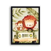 Postercity - Poster Jungle Aapje en Leeuw in de Jeep midden - Jungle/Safari Dieren Poster - Kinderkamer / Babykamer - 30x21cm / A4