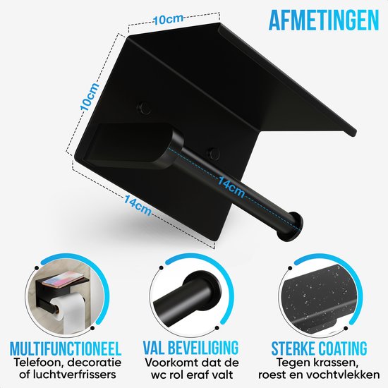 Zwarte toiletrolhouder met plankje, afmetingen 14x10x10cm, met telefoonhouder en sterke coating.