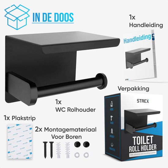 Zwarte toiletrolhouder van roestvrij staal, inclusief plankje, handleiding, plakstrip en montagemateriaal.
