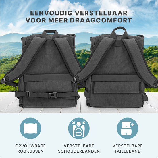 Arrière du sac à dos pour chien noir avec bretelles et ceinture réglables.