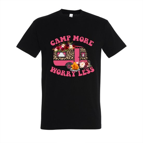 T-shirt Camp more worry less - Zwart T-shirt - Maat XL - T-shirt met print - T-shirt heren - T-shirt dames