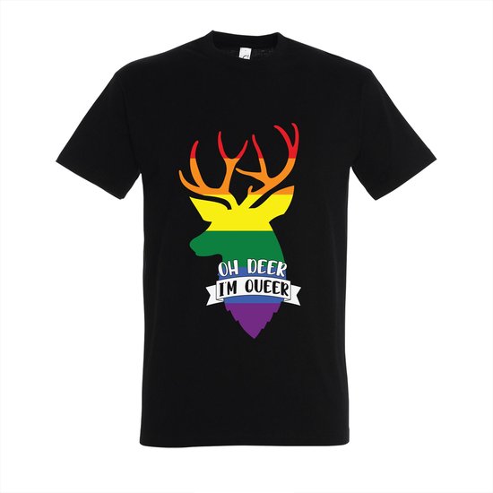 T-shirt Oh deer i'm queer - Zwart T-shirt - Maat S - T-shirt met print - T-shirt heren - T-shirt dames
