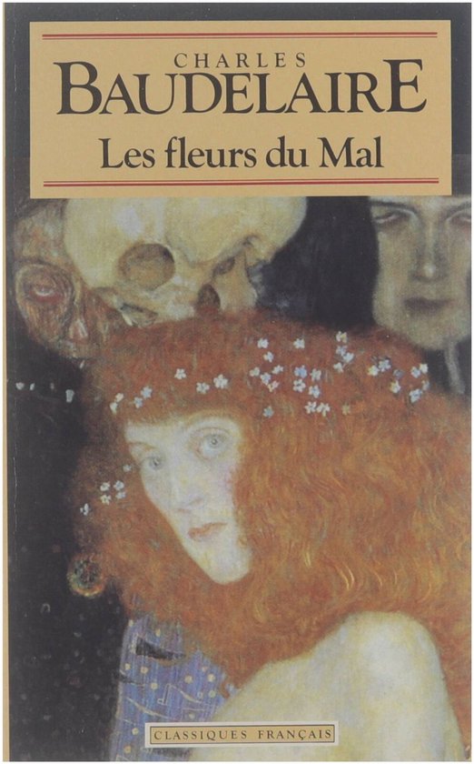 Couverture du livre "Les fleurs du mal" de Charles Baudelaire, représentant une femme aux cheveux roux avec une couronne de fleurs, et un crâne.