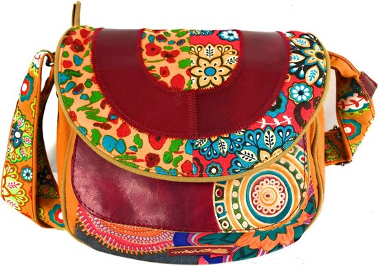 schoudertas dames Etnische katoenen tas met kleurrijke prints en lederen inzetstukken, schoudertas voor vrouwen Etnisch Indiaas kleurrijk, ORANJE