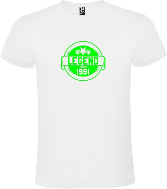 Wit T-Shirt met “Legend sinds 1991 “ Afbeelding Neon Groen Size XS