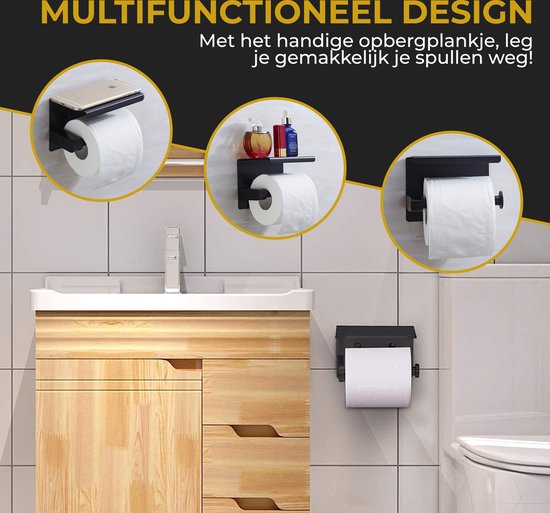 Zwarte toiletrolhouder met een handig plankje voor het opbergen van spullen. Multifunctioneel design.