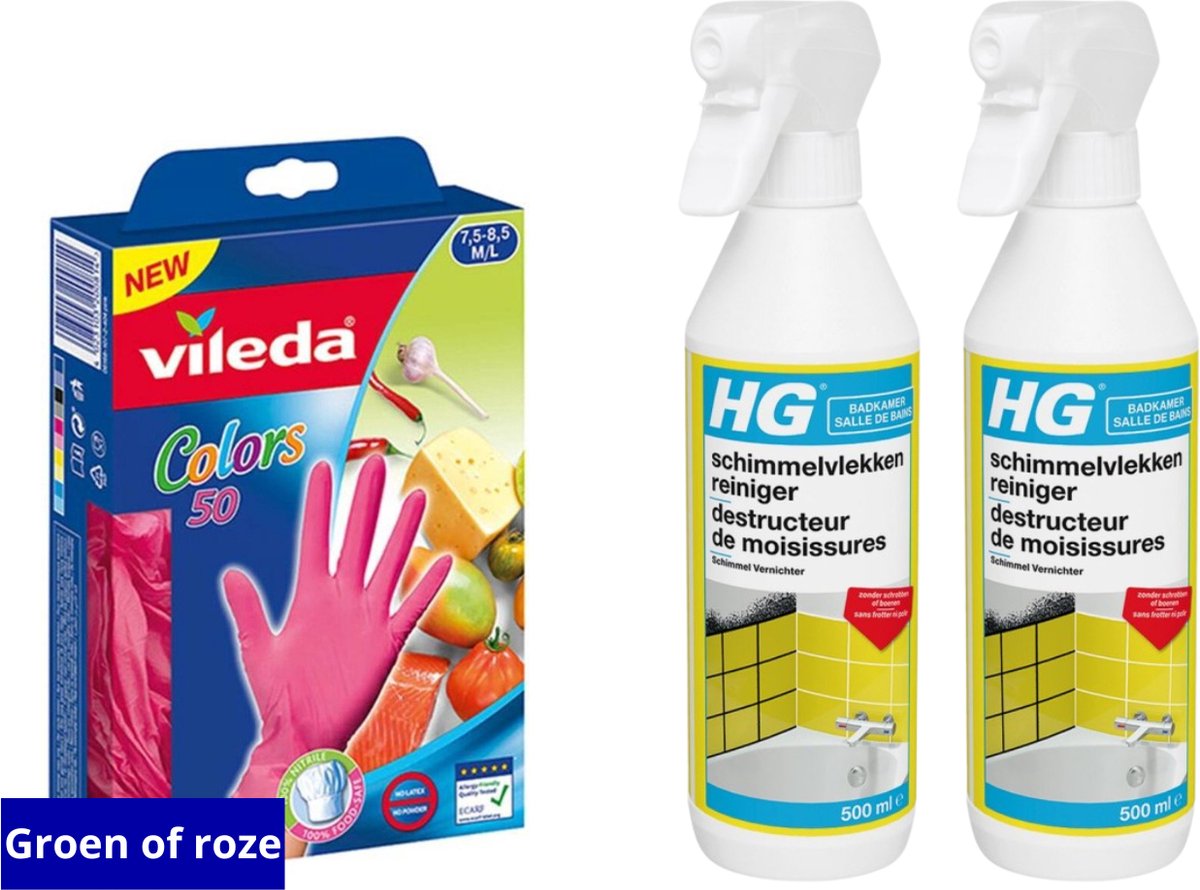 Nettoyant anti-moisissure HG 1L (2 pièces x 500ML) + 50 gants Vileda Colors  sans latex