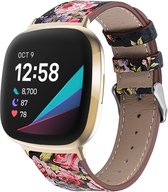 By Qubix geschikt voor Fitbit Versa 3 - Fitbit Versa 4 - Fitbit Sense 1 - Fitbit Sense 2 leren bandje - Bloemenprint Smartwatchbandje bandje Armband Polsband Strap Band Watchband