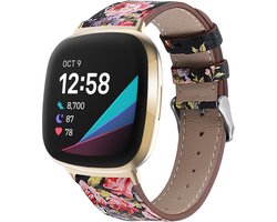 By Qubix - Compatible Fitbit bandje - geschikt voor Fitbit Versa 3/4 & Sense 1/2 leren bandje - Bloemenprint Smartwatchbandje bandje Armband Polsband Strap Band Watchband