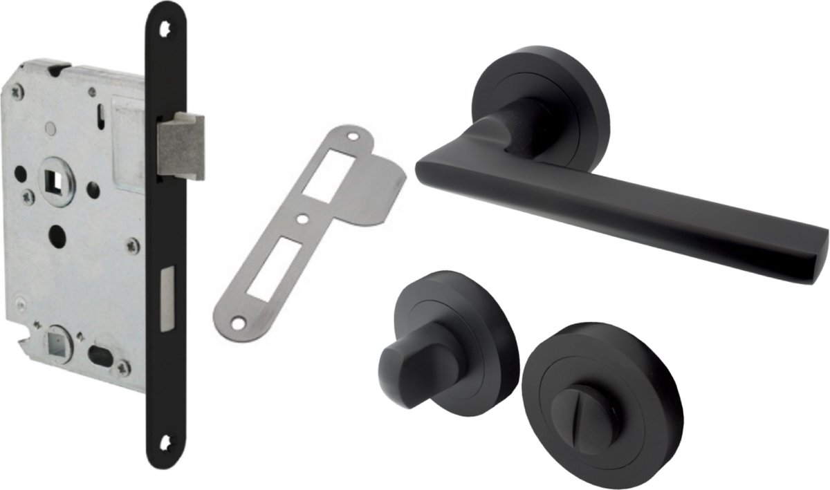 Deurkruk Sienna - Zwart - Ø50mm + Complete set voor badkamers - Inclusief WC garnituur, WC-slot en Sluitplaat