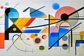 JJ-Art (Canvas) 60x40 | Abstract in Kandinsky stijl – kleurrijk - felle kleuren - kunst – woonkamer slaapkamer | rood, geel, blauw, oranje, groen, modern | Foto-Schilderij print (wanddecoratie)