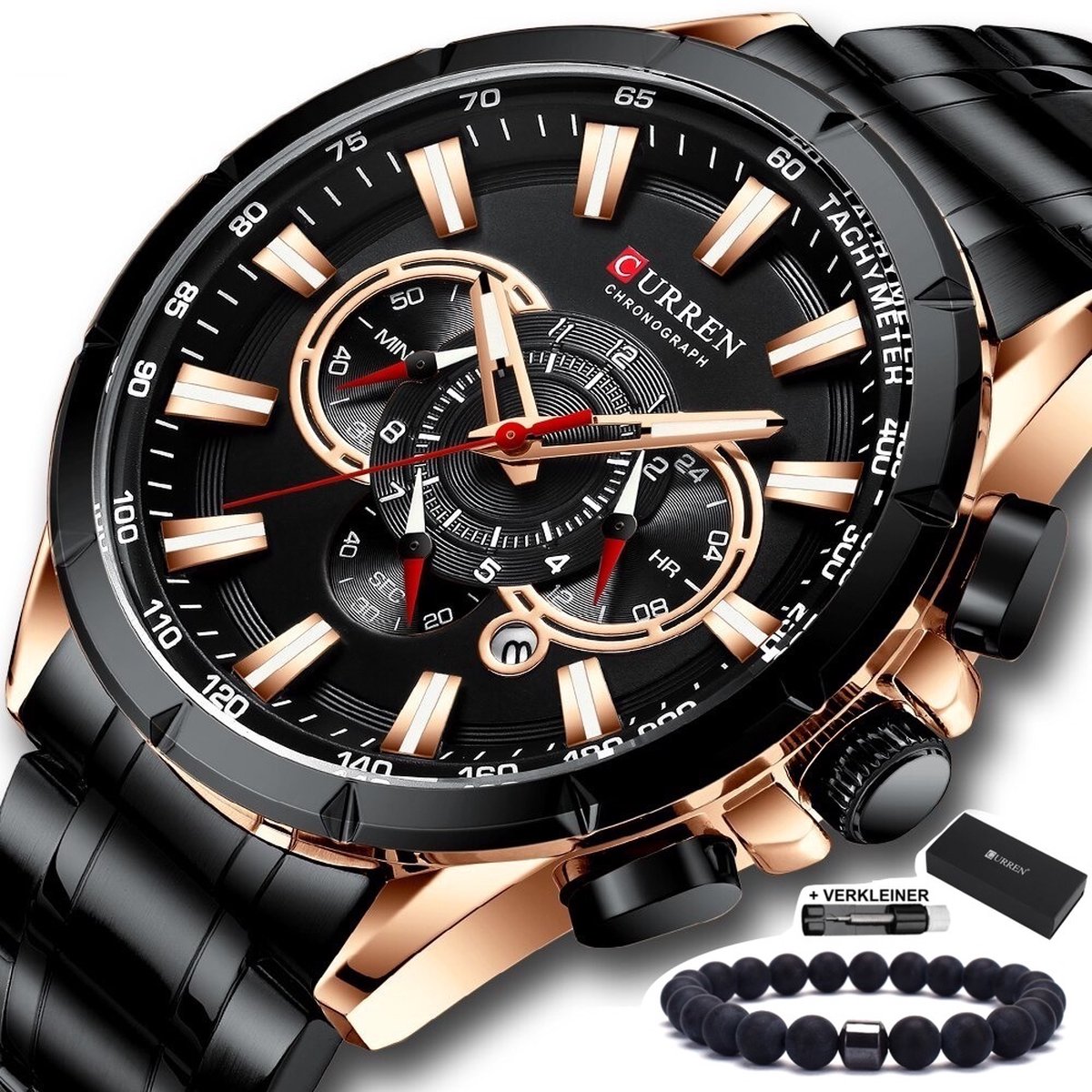 Curren - Horloge Heren - Cadeau voor Man - Horloges voor Mannen - 48 mm - Zwart Rosé