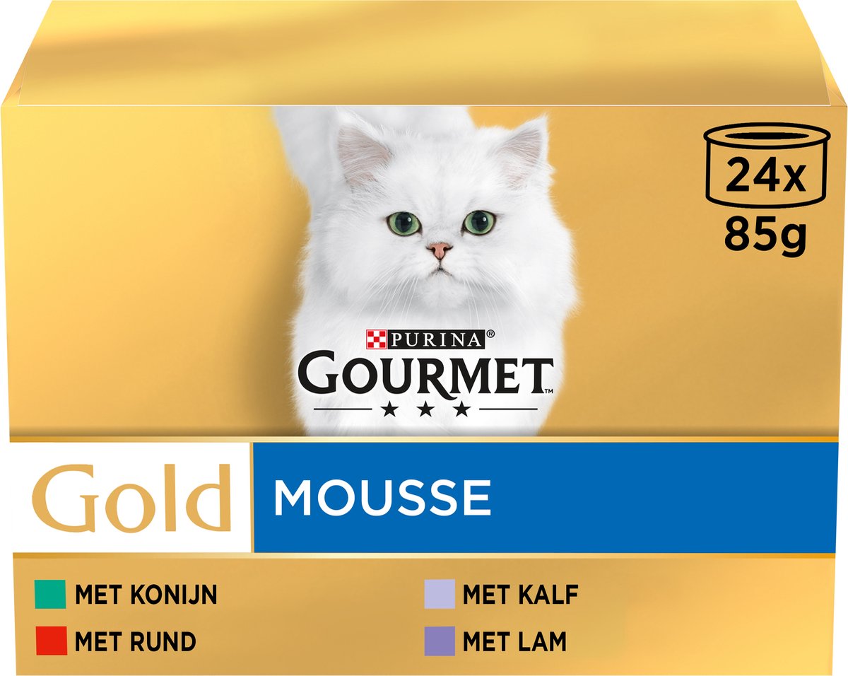 opstelling Correlaat natuurpark Gourmet Gold Mousse - kattenvoer natvoer - met Konijn, Rund, Kalf, Lam - 96  x 85 gr | bol.com