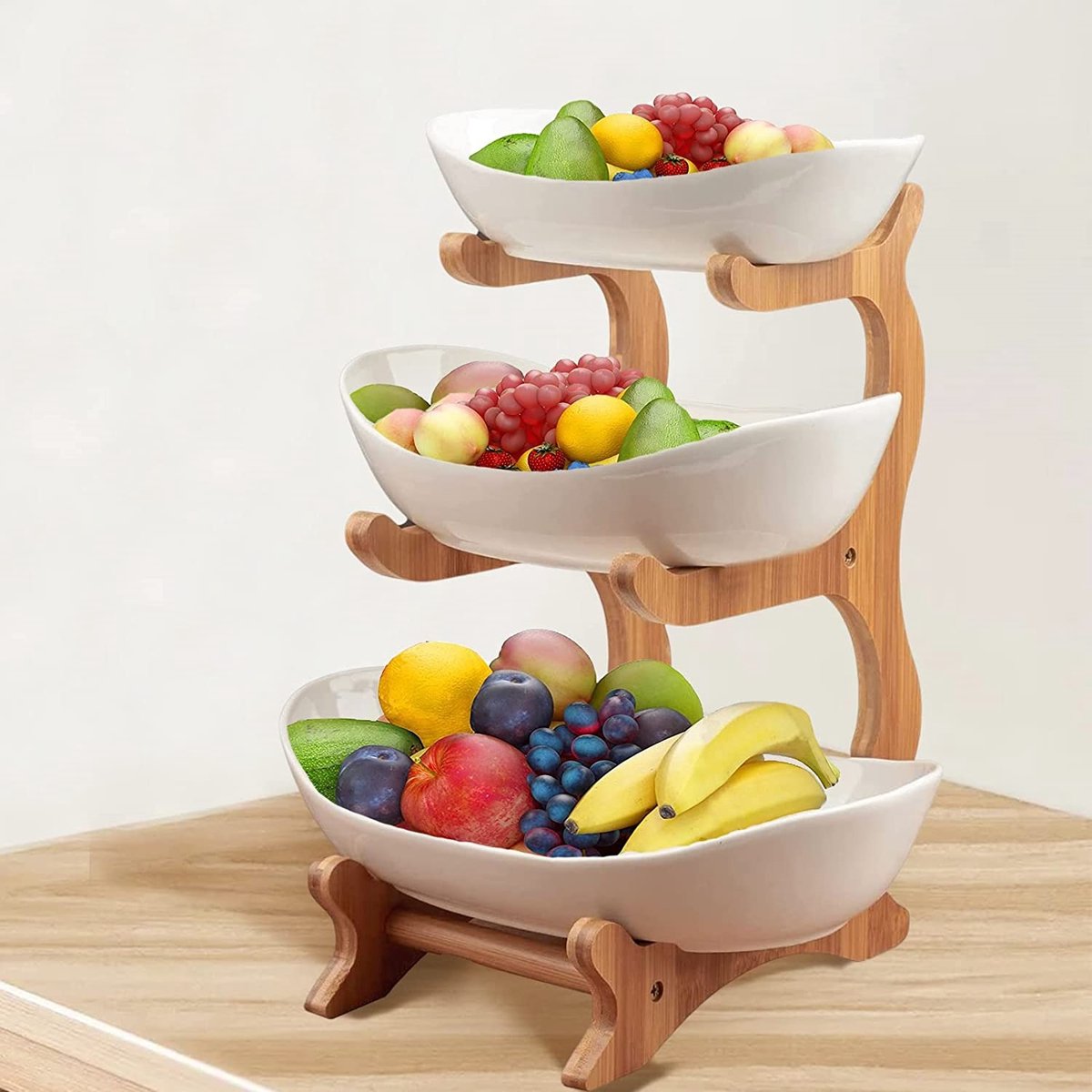 DESIGN fruitschaal - Etagere 3 laags – landelijk fruitmand hout keramiek - Schaal decoratie - voor fruit / groente / snacks / cadeau brood