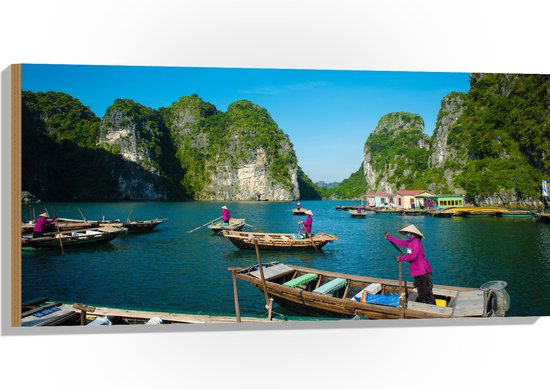 Hout - Bootjes in de Baai - Vietnam - 100x50 cm - 9 mm dik - Foto op Hout (Met Ophangsysteem)