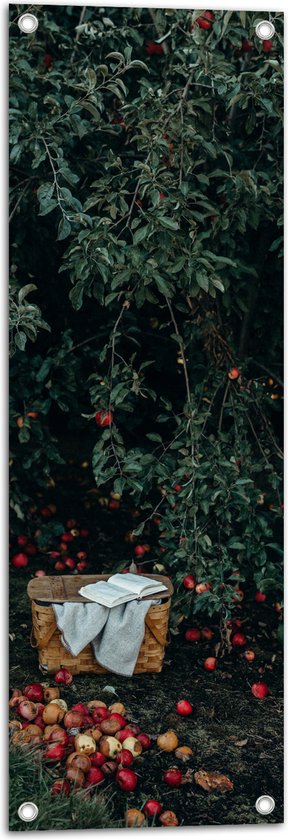 WallClassics - Tuinposter – Mandje voor Appels Plukken - 30x90 cm Foto op Tuinposter (wanddecoratie voor buiten en binnen)