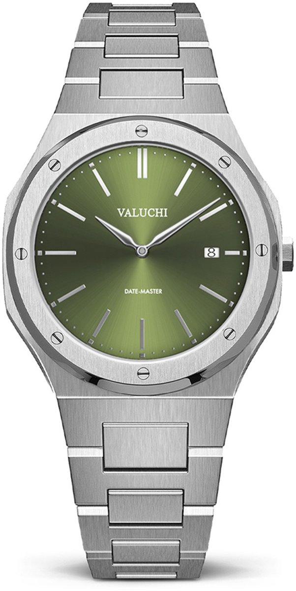 Valuchi Heren Date-Master Roestvrijstaal Quartz Horloge - Zilver Groen