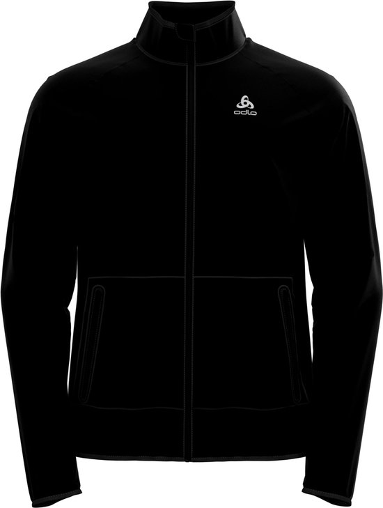 Veste de sport Odlo noire pour homme avec logo blanc sur la poitrine et fermeture éclair.