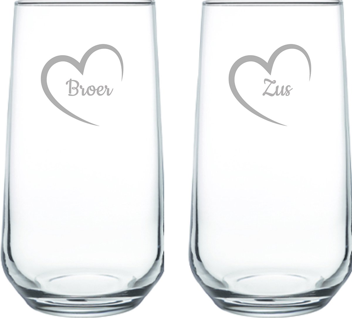 Gegraveerde Drinkglas 47cl Broer met hartje & Zus met hartje