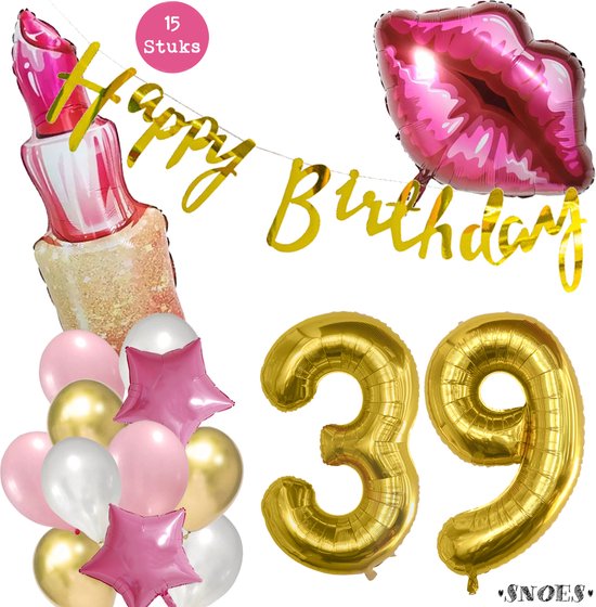 Snoes Beauty Helium Ballonnen Set 39 Jaar - Roze Folieballonnen - Slinger Happy Birthday Goud