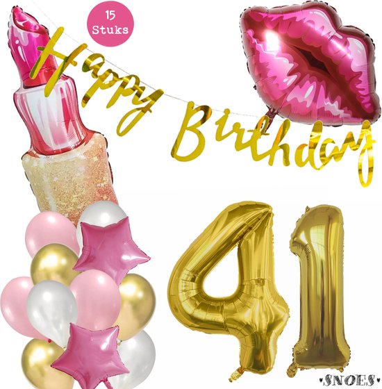 Snoes Beauty Helium Ballonnen Set 41 Jaar - Roze Folieballonnen - Slinger Happy Birthday Goud