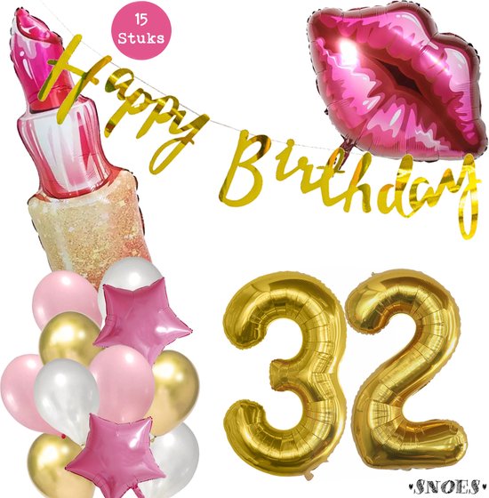 Snoes Beauty Helium Ballonnen Set 32 Jaar - Roze Folieballonnen - Slinger Happy Birthday Goud