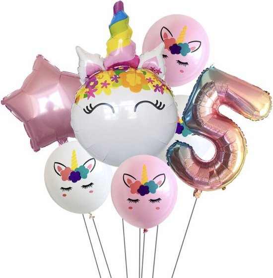 Unicorn Ballonnen Set - 5 Jaar - 7 Stuks - Kinder Verjaardag - Thema Feest Unicorn - Eenhorn Kinderfeestje - Feestversiering / Verjaardag Ballonnen - Eenhoorn / Paarden - Meisjes Versiering - Roze Ballonnen Verjaardag - Witte ballonnen - Helium