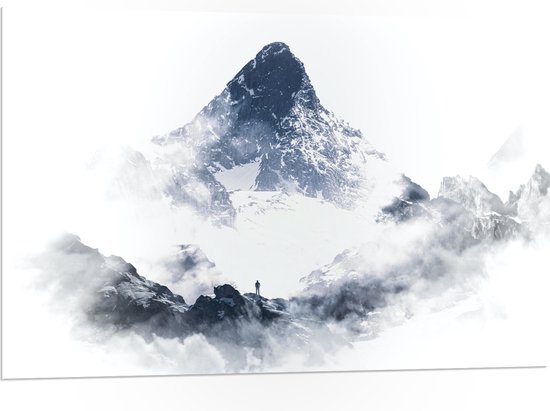 WallClassics - PVC Schuimplaat - Man in de Mist bij Hoge Berg - 105x70 cm Foto op PVC Schuimplaat (Met Ophangsysteem)