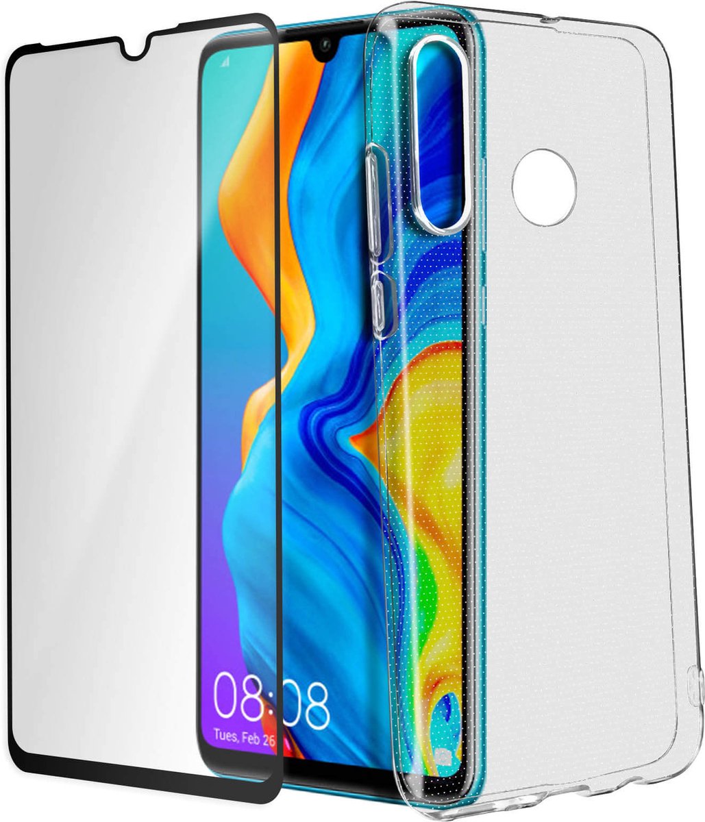 Geschikt voor Huawei P30 Lite/Honor 20S-Hoes soepel siliconen gehard glas 9H zwart