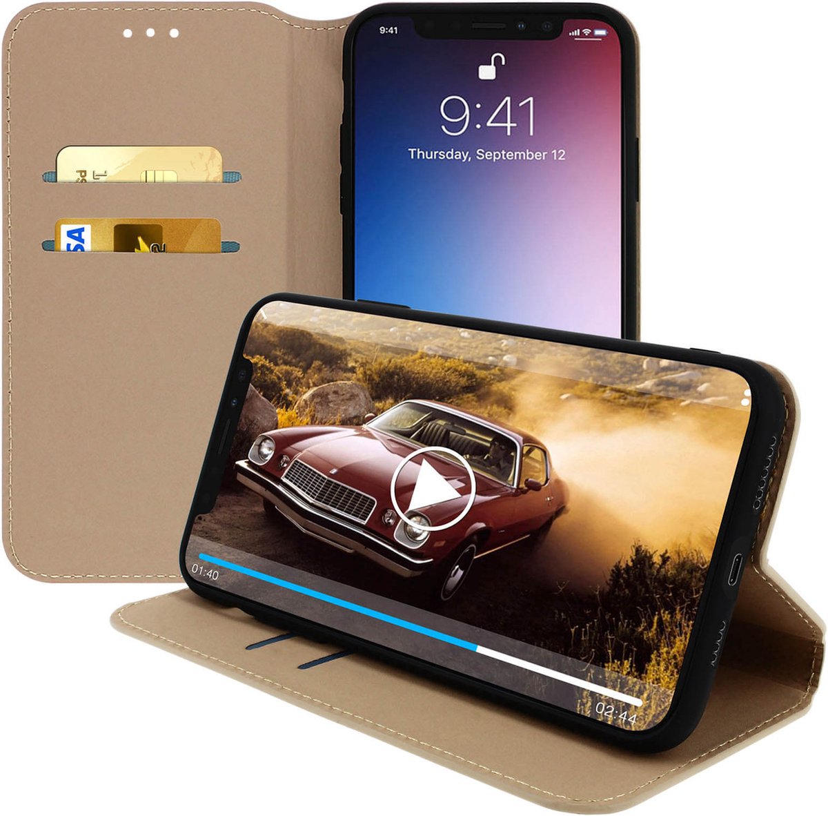 Avizar Hoesje Geschikt voor iPhone 11 Pro Max Portemonnee met Standfunctie, Goud