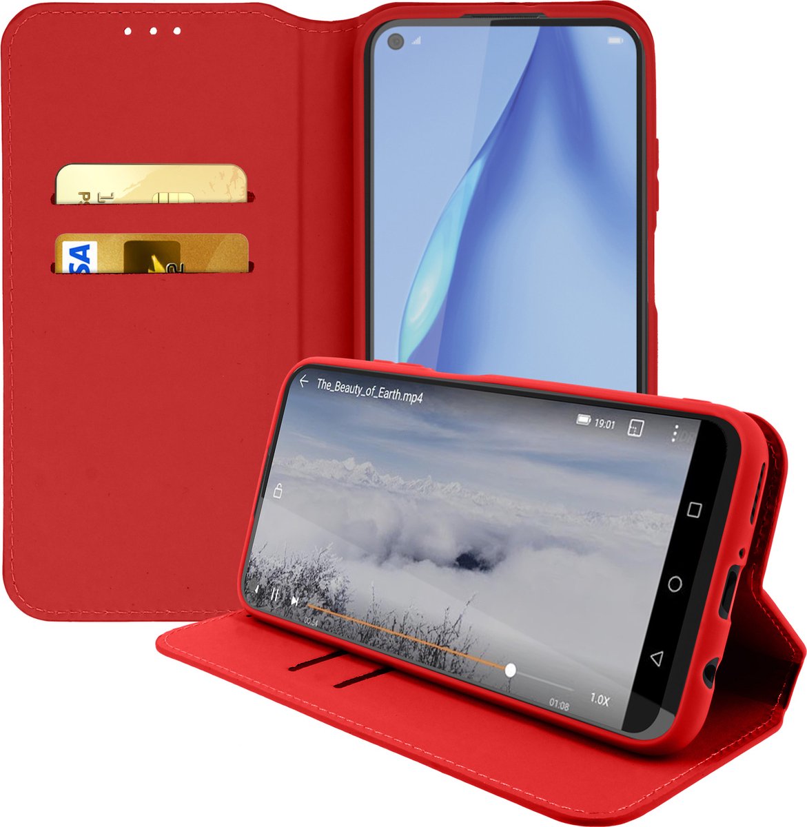 Hoes Geschikt voor Huawei P40 Lite klep portefeuille, video standaard rood