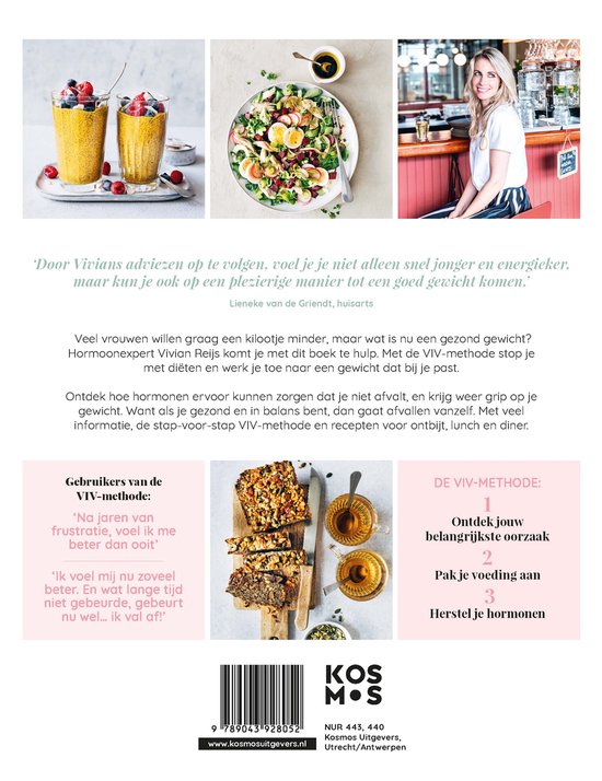 Een vrouw zit aan een bar. Boven haar zijn foto's van smoothies, een salade en een vrouw aan een tafel. De tekst is in het Nederlands.
