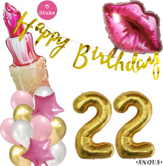 Snoes Beauty Helium Ballonnen Set 22 Jaar - Roze Folieballonnen - Slinger Happy Birthday Goud