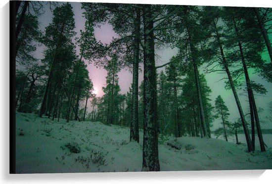 WallClassics - Toile - Les aurores boréales à travers les Arbres en Norvège - 90x60 cm Photo sur toile (Décoration murale sur toile)