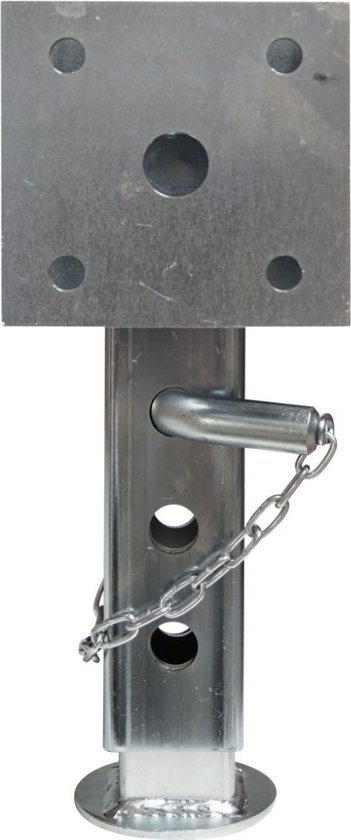 Zilverkleurige vierkante steunpoot met een metalen plaat aan de bovenkant.