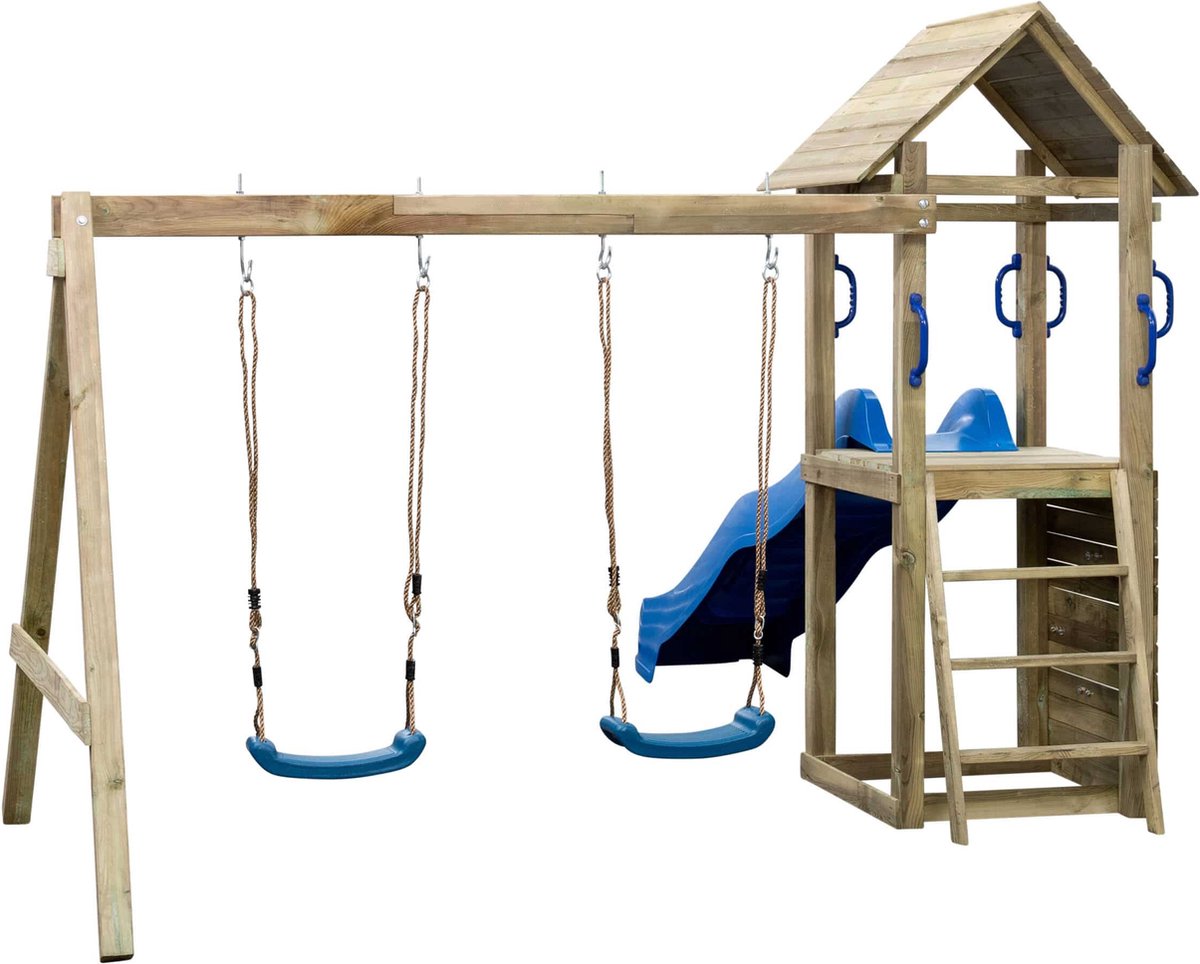 Houten Speeltoestel Maria (SwingKing) | Speeltoren met Glijbaan en Dubbele Schommel voor Buiten in de Tuin | FSC Hout - Glijbaan Blauw — afbeelding 2